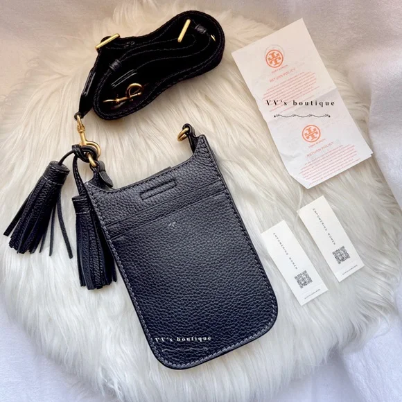 NWT Tory Burch Thea Cellphone Smartphone Pebble Leather Crossbody Black … - Picture 2 of 8